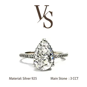[Venus Jewelry] Lab Created Gemstone 3 CCT Pear Shape Hidden Halo Design VVS 1 D Color Solid Silver 925 Solitare Ring