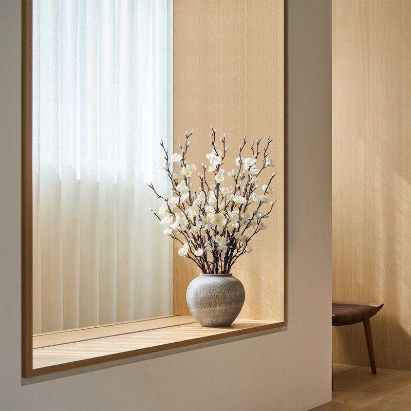 12/24Pcs Winter Artificial Flowers White Plum Silk Blossom 21.7'' Fake Wintersweet Long Stem Plastic Faux Flowers for Home Hotel Office Wedding Party Garden Centerpieces All Season Decor Decoration Ornaments(vase not included)