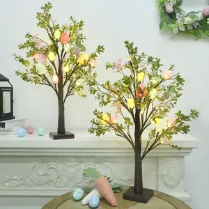 Easter Decoration Set of 2 Lighted 24 Inch Artificial Trees with Colorful LED Lights & Easter Eggs for Home Holiday Spring Decor
