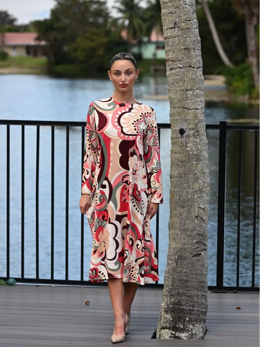 Devorah's Secret Modest Midi Dress Modern Floral Brown & Coral #2242-3 Casual Womenswear Casual Wear Women Long Sleeve Comfort modest  outfits
