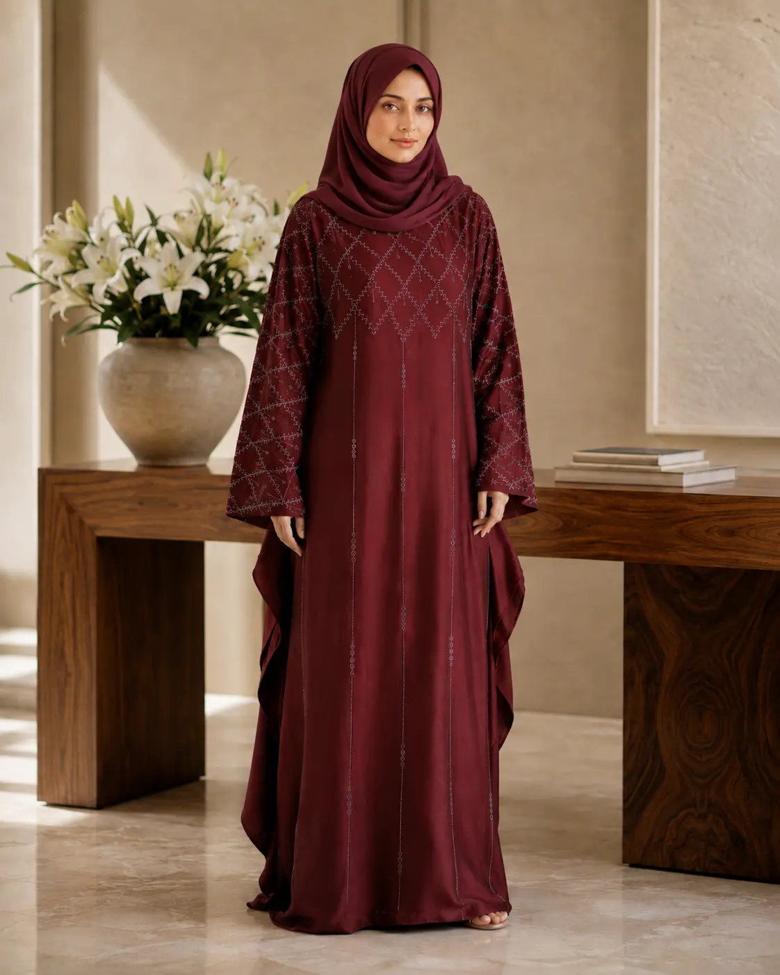 Rustic Brown Kaftan Abaya with Stone Work in Dubai Cherry Fabric