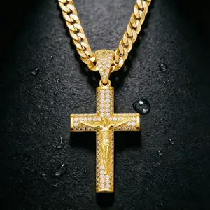 Men's Moissanite Cross Necklace with Jesus Crucifix Pendant, Nanotech Treated Tarnish-Free, Cuban Figaro Rope Miami Chains Jewelry, Hip-Hop Luxury Style Gift Trend