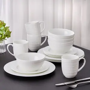 【Memorial Day】Silvanest Modern White Dinnerware Set for 4 | Perfect Housewarming Gift | 16-Piece Textured Ribbed Plates and Bowls Set | Dorm & Apartment Essentials