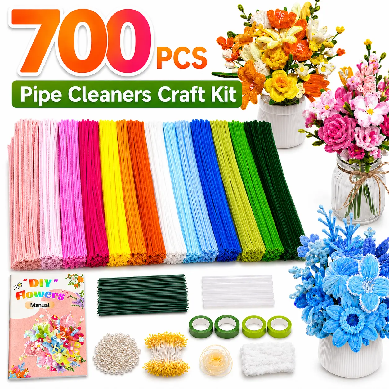 700PCS Pipe Cleaners DIY Flower Bouquet Kit, 14-Color Chenille Stems Flower Making Set for Pipe Cleaner Flowers and Roses with Floral Tape, Glue, Flower Stems and Aluminum Wire for Beginners