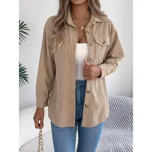 Women's Solid Button Front Corduroy Jacket, Casual Drop Shoulder? Long-sleeved? Outerwear for Fall & Winter, Ladies Clothes for Daily Wear