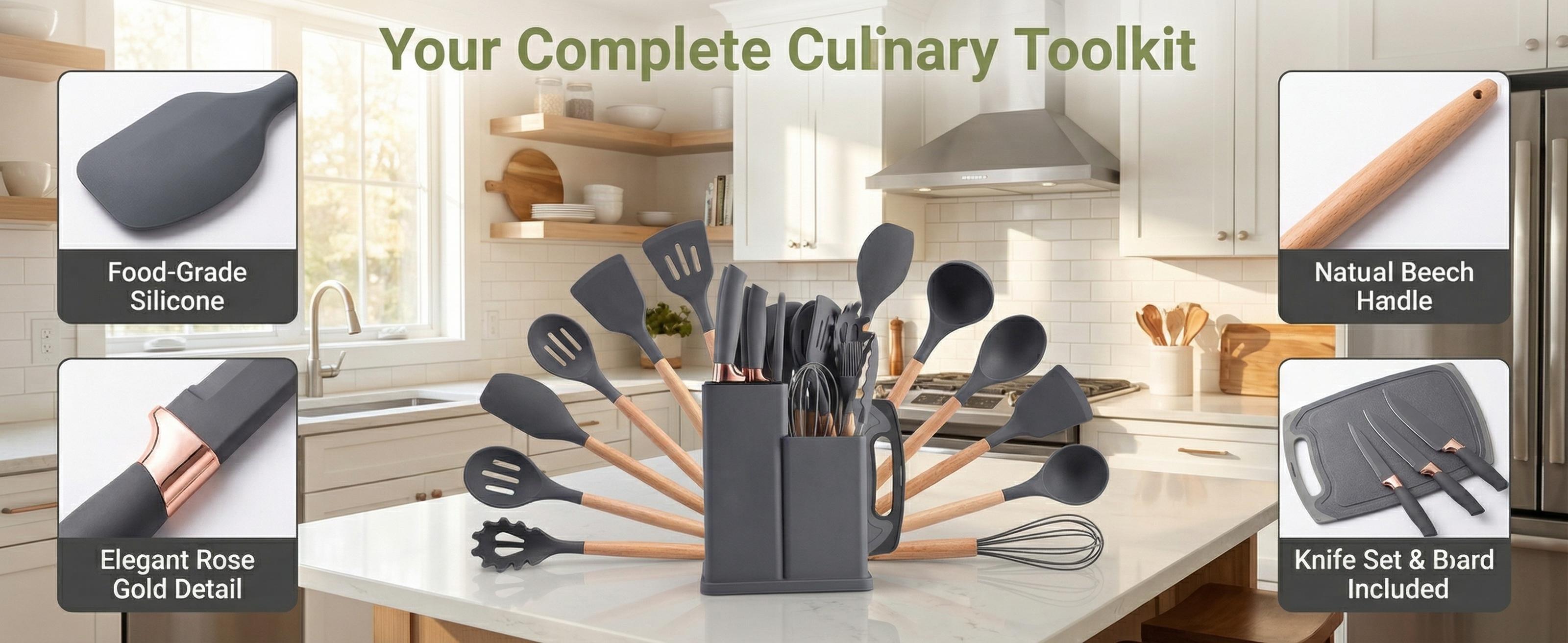 19 Piece Kitchenware Utensils and Knife Set- Includes: 9 Piece Silicone Cooking Utensils- 5 Piece Sharp Stainless Steel Chef Knives- Scissors -Whisk Tongs and Cutting Board (Gray) 19 Piece Kitchenware Utensils and Knife Set- Includes: 9 Piece Silicone Cooking Utensils- 5 Piece Sharp Stainless Steel Chef Knives- Scissors -Whisk Tongs and Cutting Board (Gray)