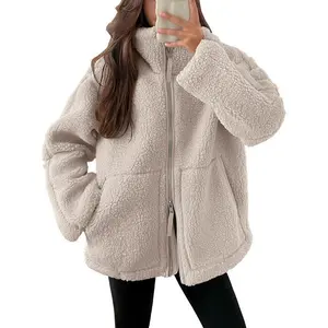 Women's Fleece Jacket Oversized Zipper Lamb Wool Plush Casual Coat Winter Autumn Coat 2025 with Pockets Women's Top
