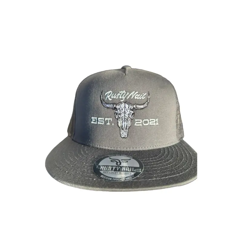Rusty Nail Skull Charcoal Black White Letters Snapback Hat EST 2021