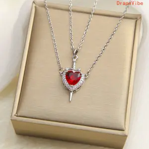 Heart‑Through‑Sword Couples Matching Necklace Set Silver Gold Non‑Tarnish Cuban Link Chain Romantic Love Jewelry For Boyfriends And Girlfriends