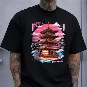 Japanese Pagoda Retro Anime Graphic Tee, Vintage Asian Architecture Print T Shirt, Aesthetic Streetwear Top