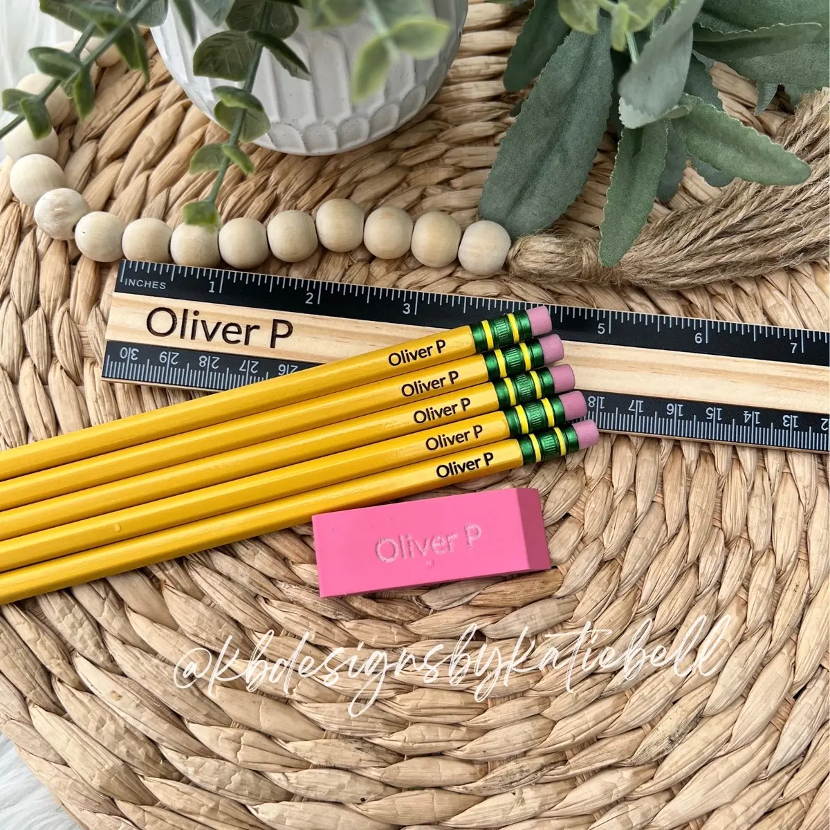 Personalized Back to School Supply Set with Laser Engraved Pencils, Ruler and Eraser