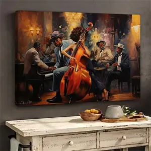 A framed canvas print depicting an African American jazz band, featuring a musical-themed design. This stylish home decor piece serves as an ideal backdrop for parties and makes an excellent gift for the living room or bedroom.