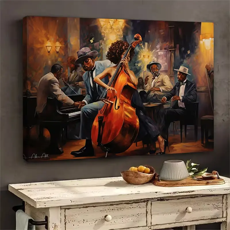 Artistic African American Jazz Band Framed Canvas Print - Pine Wood Frame, Musical-Themed Wall Decoration, Modern Home Decor, Indoor Party Backdrop, Ideal Living Room/Bedroom Gift