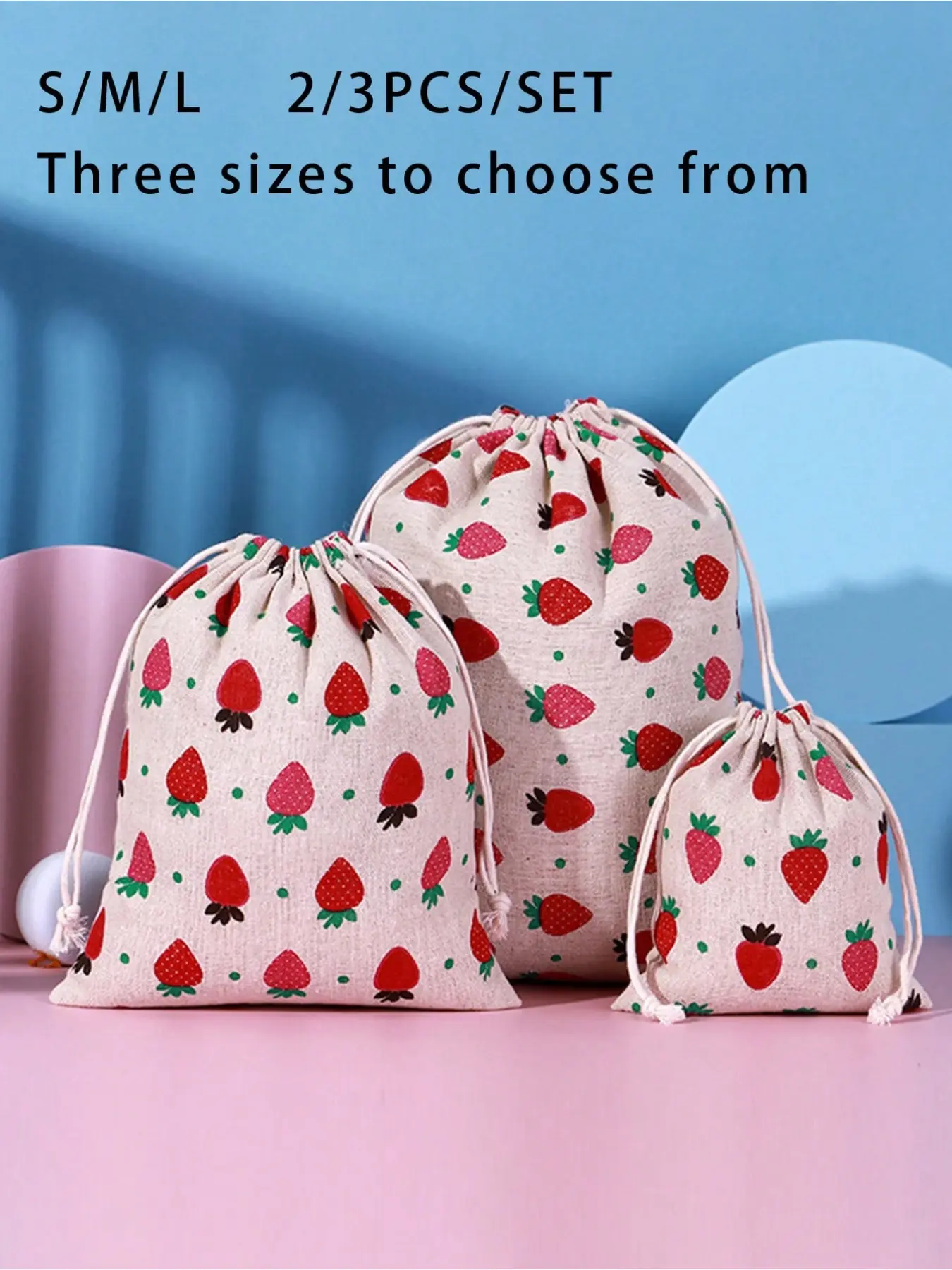 3 drawstring storage small bags, available in three sizes (S/M/L), strawberry printed bundling pocket, storage bag, and classified storage bag