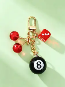Bag Charm Billiard Ball & Cherry Dice Keychain, Exquisite Pendant with Interlocking Hearts, Dark-Themed Minimalist Style for Bags, Keys, Earphone Cases, Keychain Jewelry, Heart Keyring, Aesthetic Keychain, Key Chain Decorations, Keychain Accessories