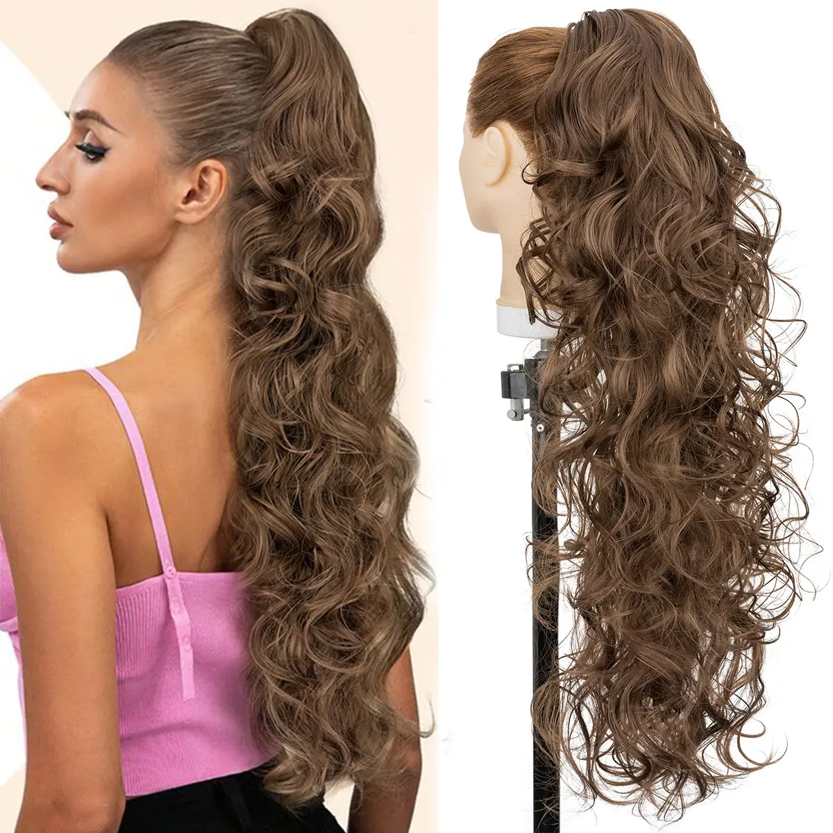 Female 24Inch / 60Cm Layered Ponytail Clip Extensions - Thick Body Wave Synthetic Hair Pieces, Suitable for Hair Oil Application, Clip Hair Extensions