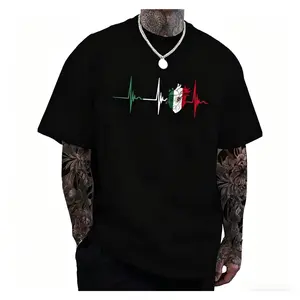 Mens Casual Heartbeat and Mexico Flag Print Round Neck T Shirt For Summer Dail- Wear