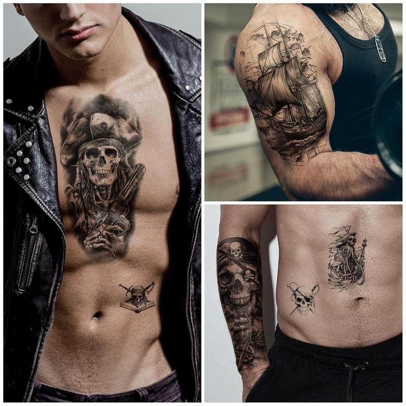 77 Sheets Pirate Temporary Tattoos Adult,Captain Anchor Compass Sailboat Tattoos, Pirate Ships Flag Skull Crossbones Sailor Fake Tattoo for Costume, Fake Arm Tattoos for Men Women Kids