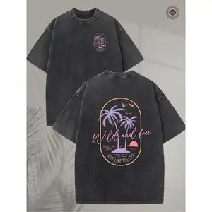 Men's Heavyweight 230g Washed Cotton T-Shirt, Retro Surf Style Tropical Beach Sunset Palm Tree Print, Light Pink & Orange Vintage Design,Loose Casual Crew Neck Short Sleeve, Soft Breathable Summer Top for Vacation & Daily Wear Menswear graphic tee t shirt