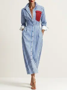 Women's Elegant Casual Blue And White Striped Polyester Fabric Fit Long Sleeve Dress, Lady's Casual Wear Cardigan