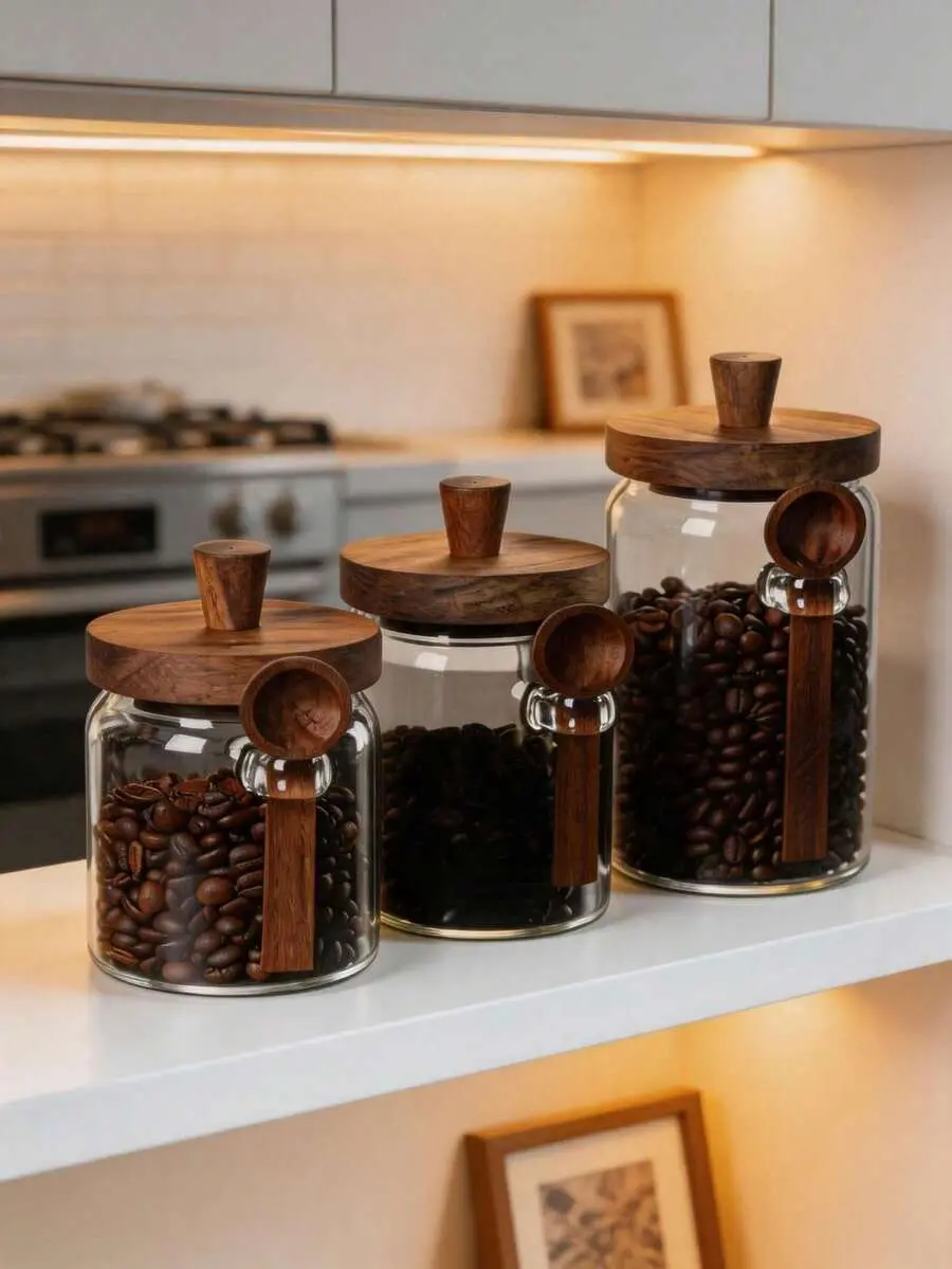 3Pcs Modern Farmhouse Round Glass Jars Set - 3 Sizes (15oz,20oz,26oz) Airtight Seal Food Storage Containers with Wooden Lids & Spoons, Kitchen Pantry Countertop Organizer for Coffee Beans, Tea, Round Shape