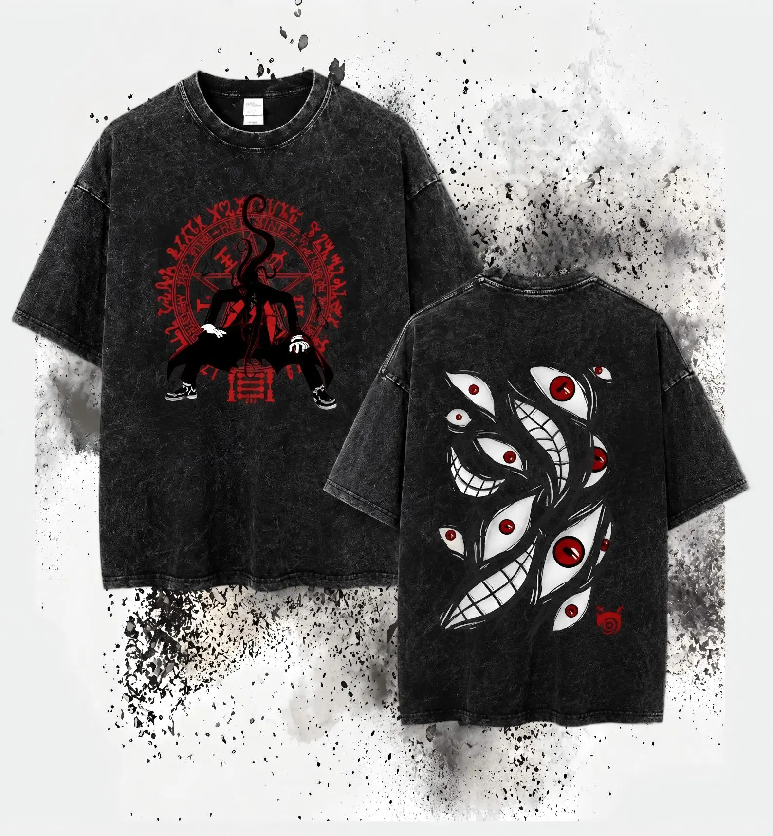 Fullmetal Alchemist Edward Elric Vintage Washed Graphic T-Shirt, Anime Manga Tee,Hellsing Alucard Double Sided Vintage Black Acid Wash T-shirt faded vintage black acid wash tee fabric