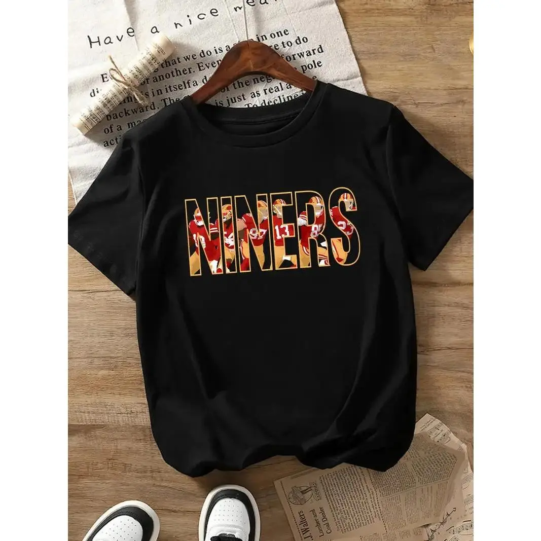 Niners Graphic Print T Shirt, Casual Crew Neck, Polyester Knit Fabric, Regular Length, Alphabet Pattern
