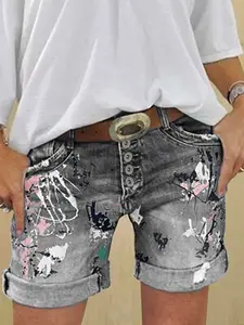 Women's Elastic High Waist Denim Shorts Multi-Layer Print, Spring Summer New Arrival, Casual Fashion Pants for Everyday Wear Fit