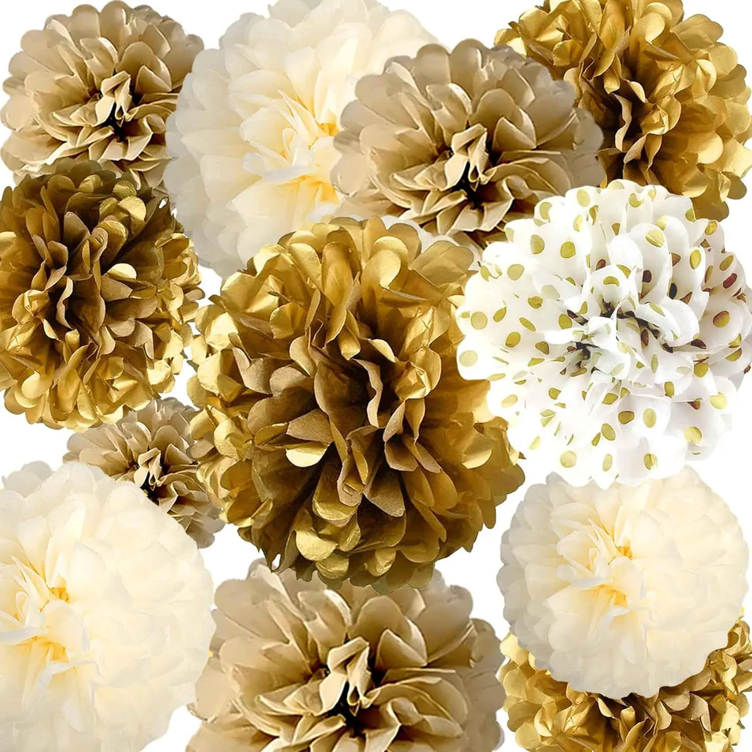 12-Piece 10in Patterned Layered Tissue Paper Pom Pom Flower Ornaments - Multicolor Gold & White Polka Dot, Fluffy Metallic Festive Decor, Easy-Install, Wedding Centerpiece, Table Centerpiece for Party Events, Wall Hanging, Used As Table Centerpieces