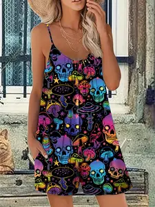 Women's Plus Size Gothic Strapless Colorful Mushroom Skull Print Jumpsuit with Pockets, Street Style, Outdoor Home Casual Wear