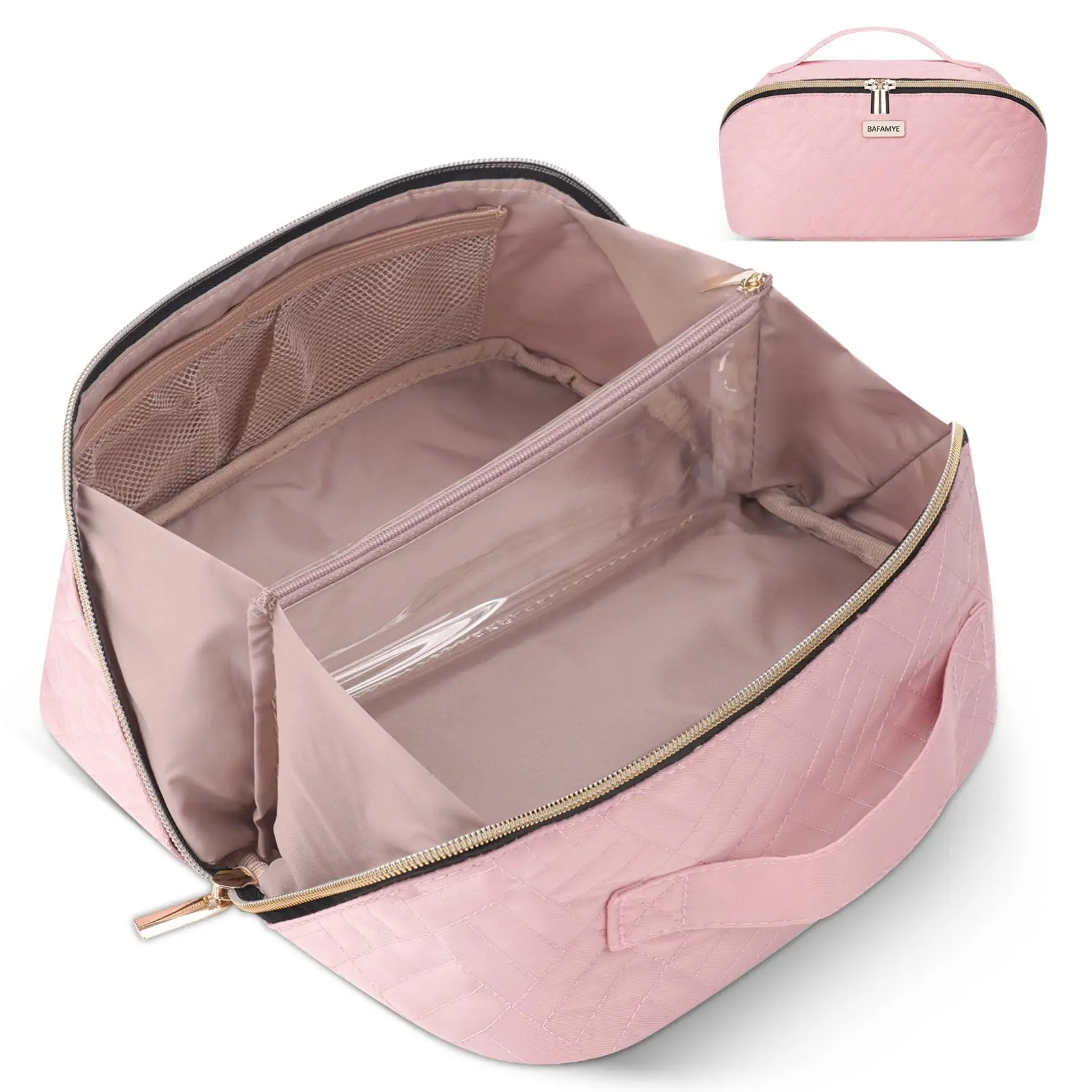 Travel Makeup Bag - 4L Compact Cosmetic Organizer Bag, Makeup Toiletry Travel Bag with Brush Holder & Multiple Compartments, Waterproof, Rare Beauty H