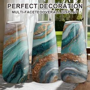 1PC Modern Minimalist Blue Gold Marble Pattern Ceramic Vase, Boho Style Round Shape, Home Decor for Living Room Bedroom Office Entrance