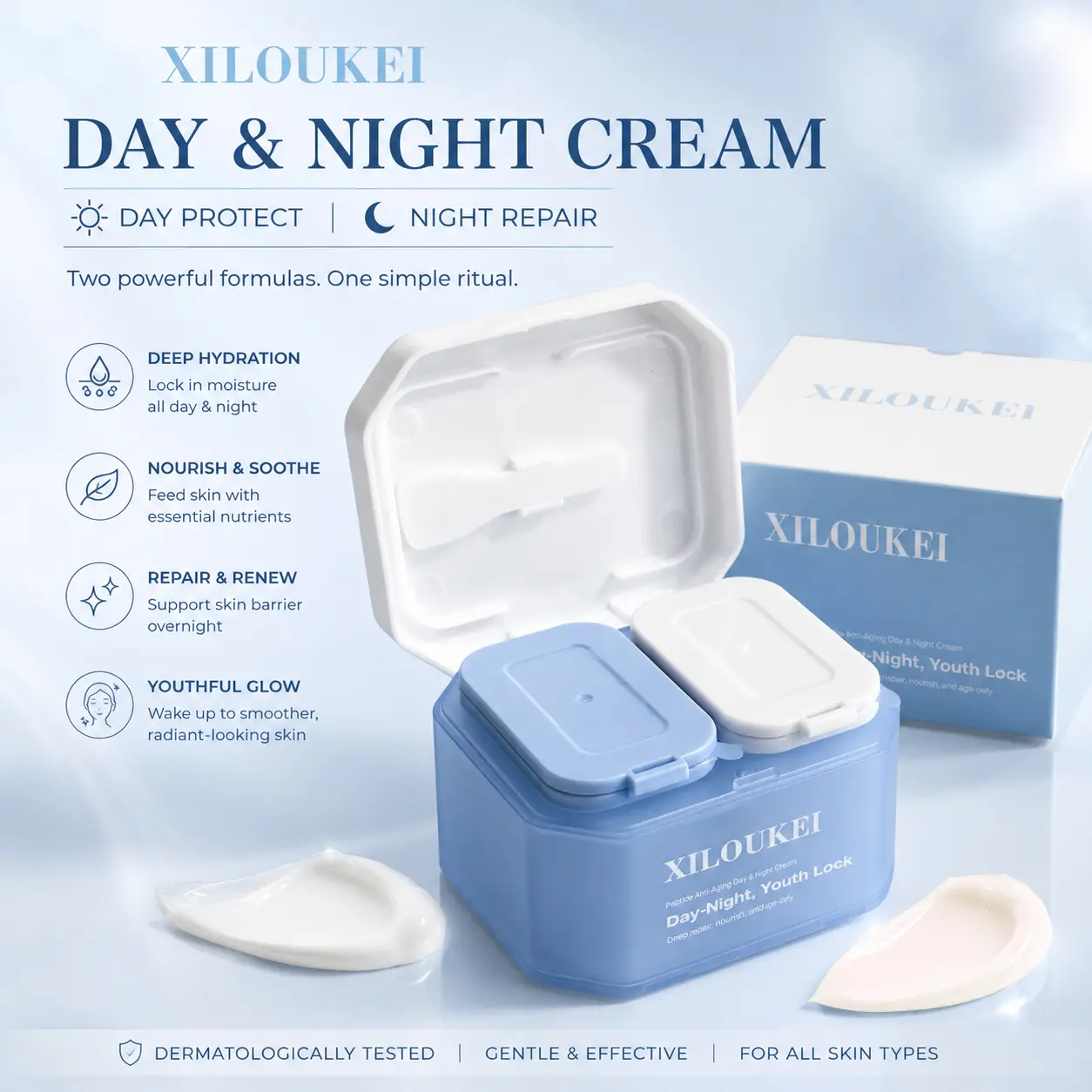 Facial Day-Night Youth Lock Cream - Peptide Anti-Aging Dual Chamber Moisturizer, Deep Hydration, Nourishing Firming, Skin Repair Care Hydrating Moisturizing Daily Moisture Hydrate