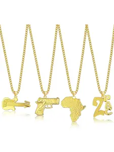 4Pcs Gold Plated Hip Hop Long Necklace for Men, Rapper African Style Guitar Pendant Chain Necklace Set