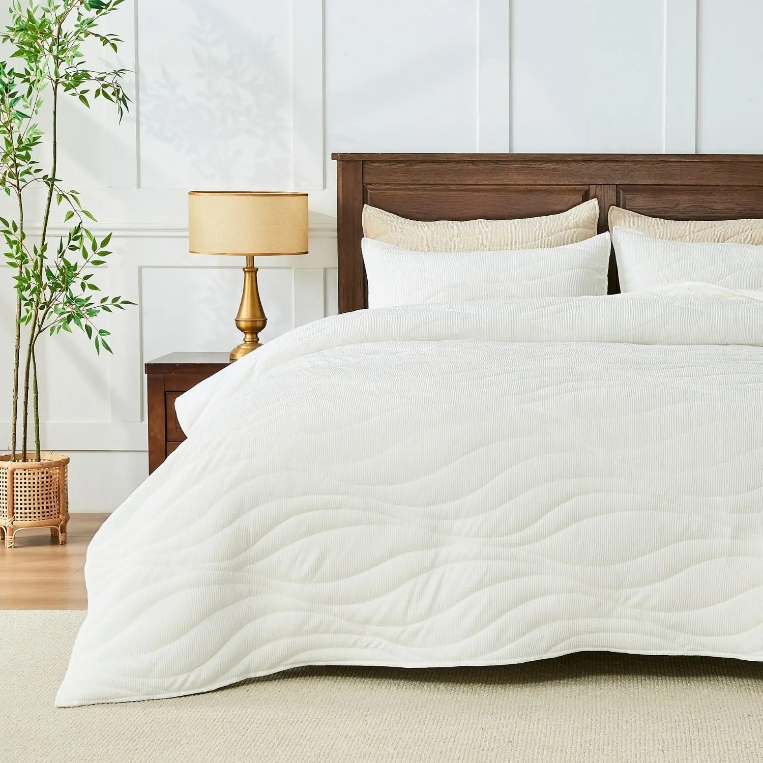 Crinkle Textured  Quilt Set with Shams, - Luxury Modern Bedding,Easy Care Comforter,Ultra-Soft,Lightweight & Breathable, , Throne White