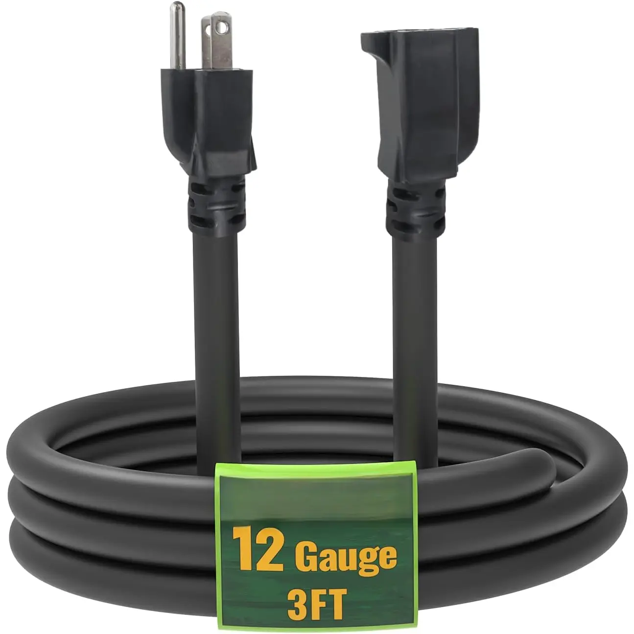 3 Ft Extension Cord - 12/3 SJTW Heavy Duty Black Extension  with 3 Prong Grounded Plug - Power Cord for Lawn, Garden, Appliances