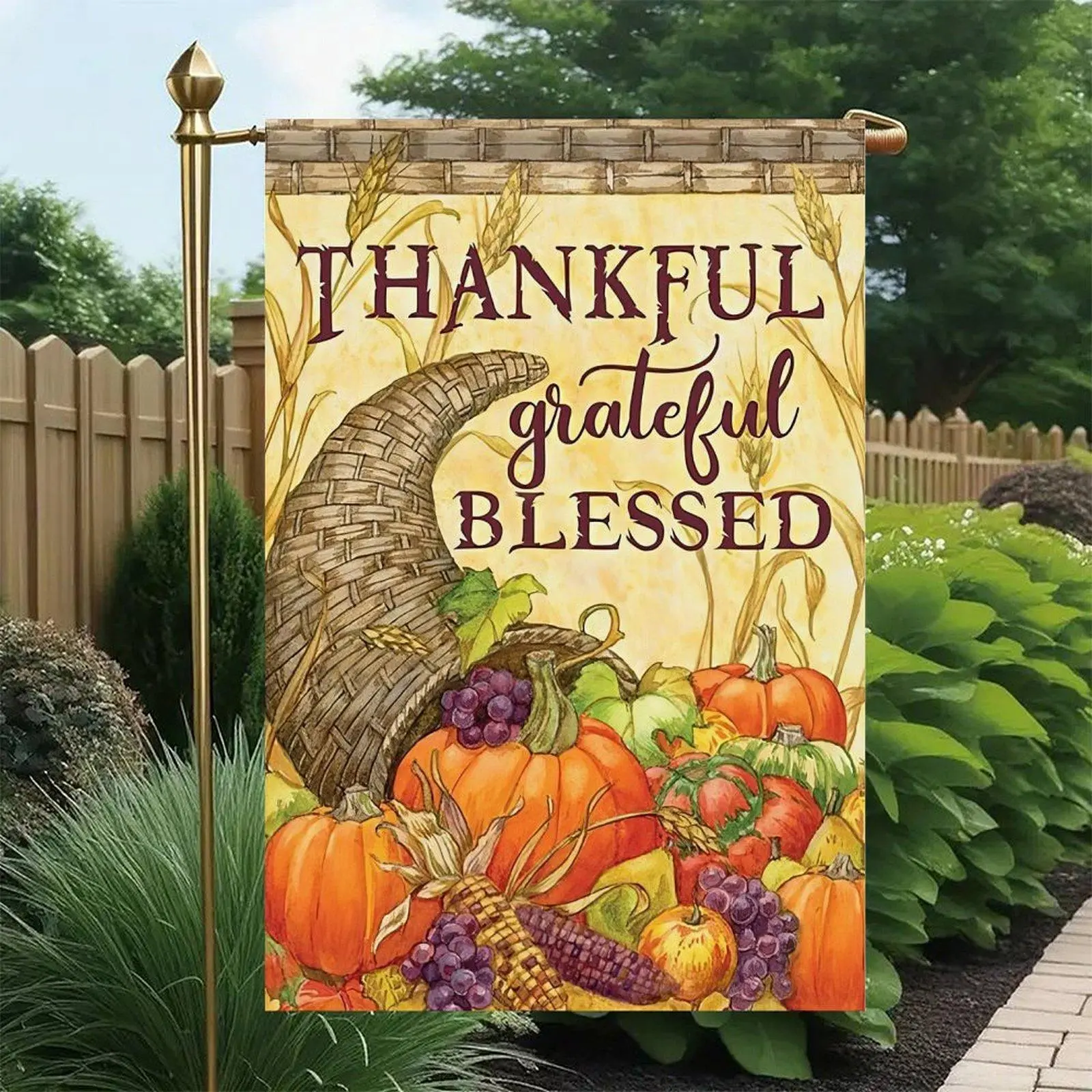 Thanksgiving Harvest Theme Fabric Garden Flag, 12x18in Double-Sided Thankful Grateful Blessed Cornucopia Pumpkin Fruit Outdoor Garden Decor Flag