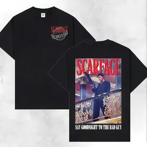 Scarface Graphic T-Shirt, 2 Sides Design, Iconic Movie Tribute for Film Enthusiasts, Bold Black Tee with Say Goodnight to the Bad Guy Quote, Perfect for Fans Streetwear Crewneck