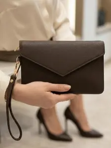 Coffee Vegan Leather Envelope Clutch Wristlet – Style F2356 Textured Evening Wallet Bag