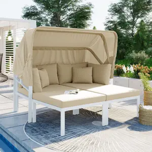 TOPMAX 3-Piece Outdoor Sectional Daybed with Retractable Canopy, 520lbs Capacity, All-Weather Metal Sofa Set & Sun Lounger for Poolside, Patio (Beige)