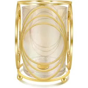 Gold Pillar Candle Holder with Metal Frame, Thick Windproof Glass Lid & Geometric Cutouts – Table, Room Decoration for Weddings, Home Decor with Flower Display Compatibility