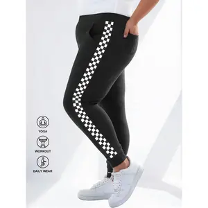 Plus size women's casual pants, checkered jogging pants, comfortable high waisted pants, suitable for daily wear, fashionable plus size clothingRAIMENTRY