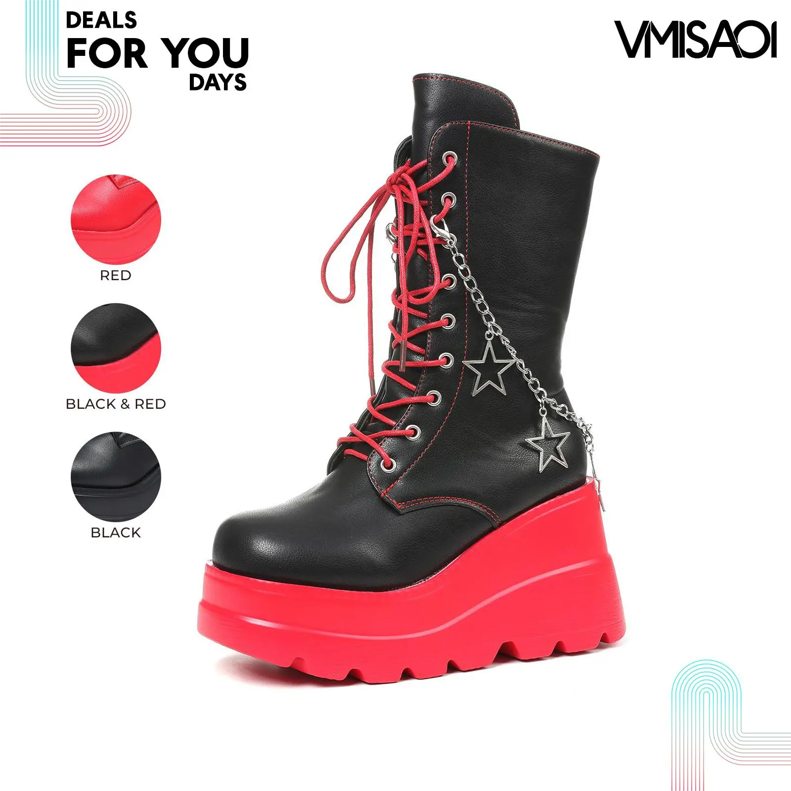 Women Ankle Boots Platform Goth Mismatched Combat Boots Chunky Wedge High Heel Side Zipper Lace Up Star Chain Rave Punk Alt Motorcycle Concert Starry Sky Fashion Trendy Fashion Booties