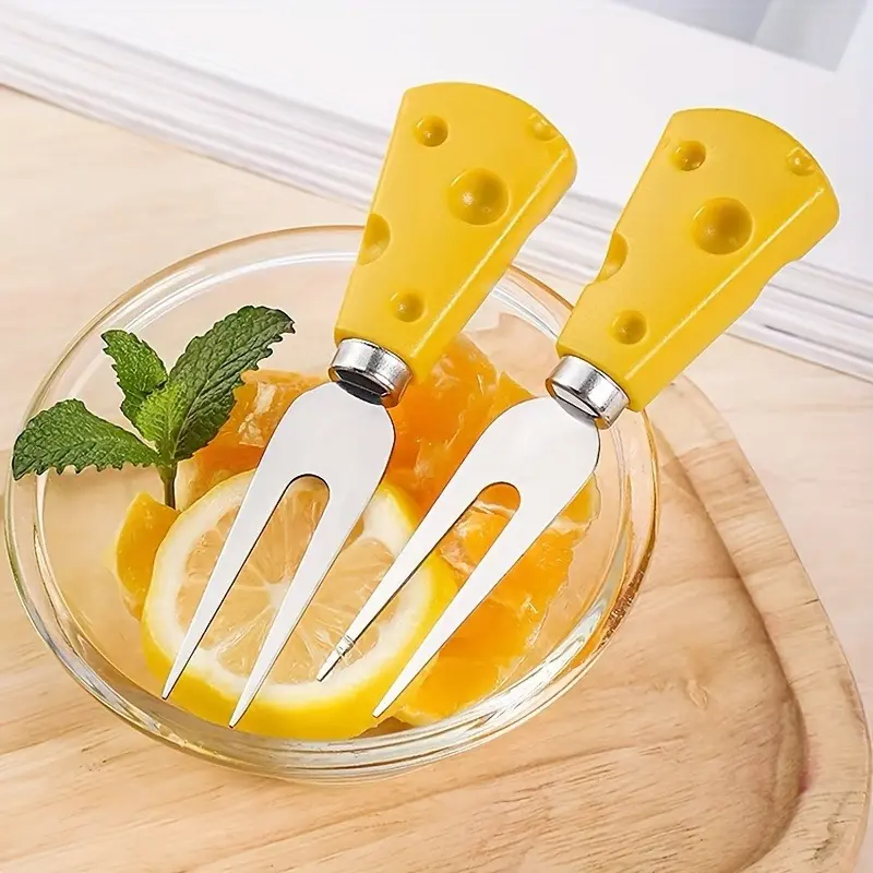 1/4pcs Cheese Fork, Fruit Fork, Salad Fork, Kawaii Cheese Fork with Cheese Decorative, Decorative Handle Multipurpose Cheese Fork, Butter Fork for Kitchen Birthday Wedding Easter, Baking Tools
