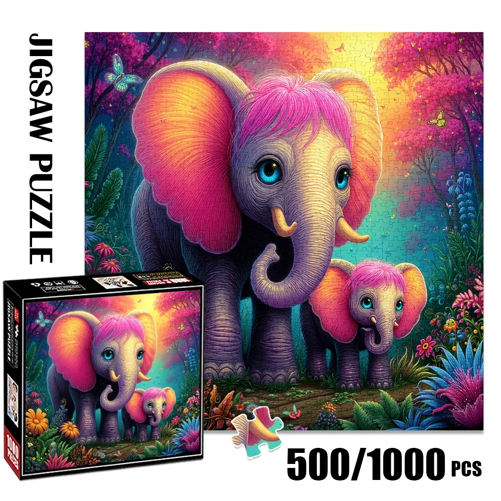 1pc 1000 piece adult puzzle 58x58cm Colorful Elephant and Baby Elephant in Magical Forest with Butterflies and Flowers 500 pieces paper jigsaw puzzle suitable for DIY creative games for adults and fa