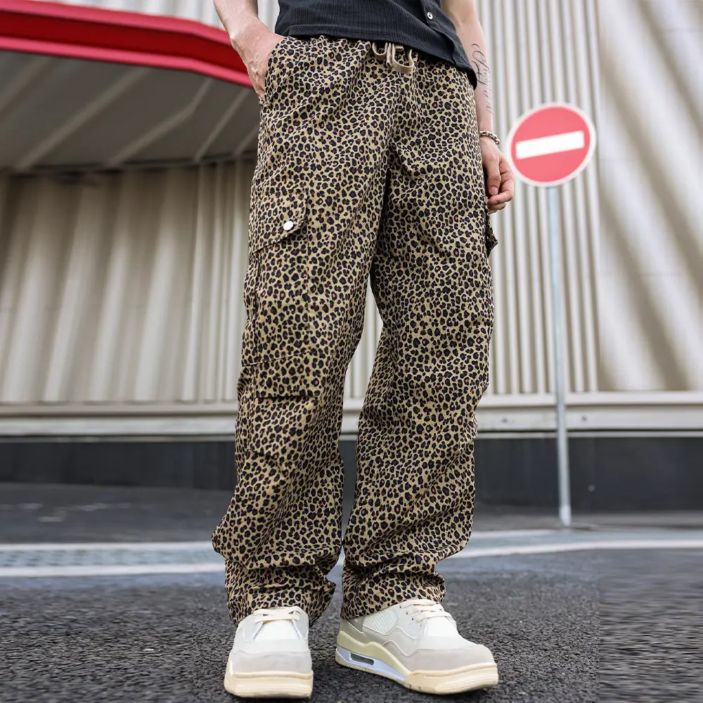Sweet, cool, wild leopard-print pants!Slimming wide-leg cargo pants, loose fit, retro American street style, drawstring, floor-length