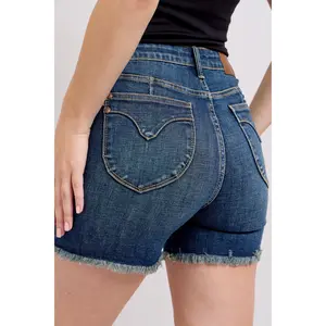 Judy Blue Tummy Control High Waist Fray Hem & Shield Back Pockets Denim Shorts 150328, Stretchy Comfortable Denim Womenswear Summer Bottom