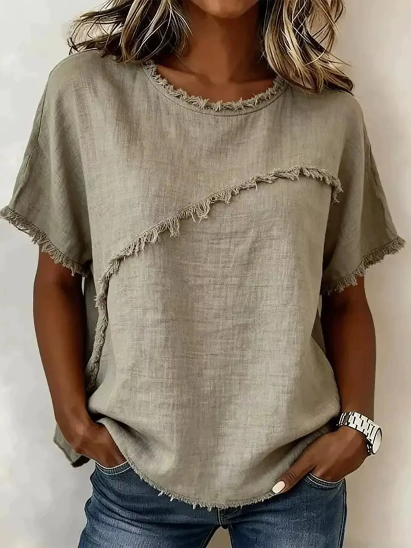 Frayed Hem Short Sleeve Top, Plus Size S-3XL