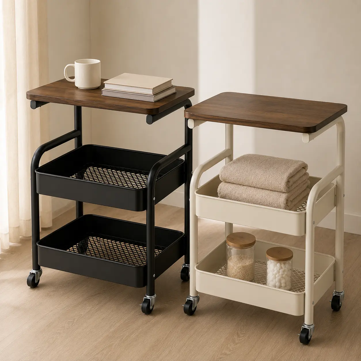 2-Tier Rolling Storage Cart with Walnut-Look Top, Mobile Utility Organizer with Mesh Baskets and Casters for Kitchen, Living Room, Home & Office (Black/White)