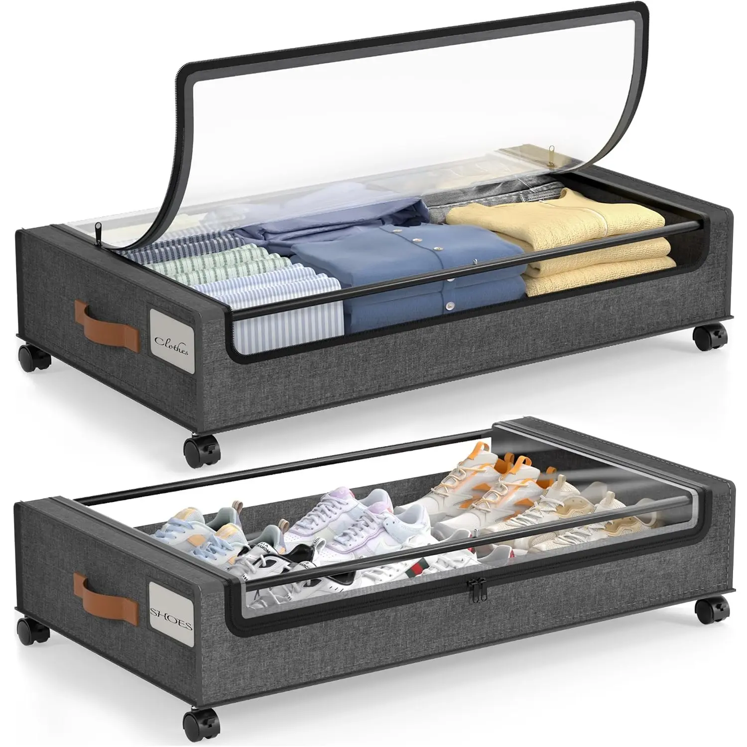 Under Bed Storage Containers with Wheels, 2 Pack, Hemp Grey | Smooth-rolling Wheels, Clear Lid & Label, Sturdy Metal Frame, Easy Install, Rolling Storage Drawers for Clothes, Shoes, Toys